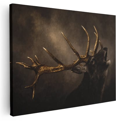 Artaza Canvas Schilderij Hert Goud Portret - Natuur - Klassiek - 80x60 cm - Wanddecoratie Woonkamer - Schilderijen - Muurdecoratie