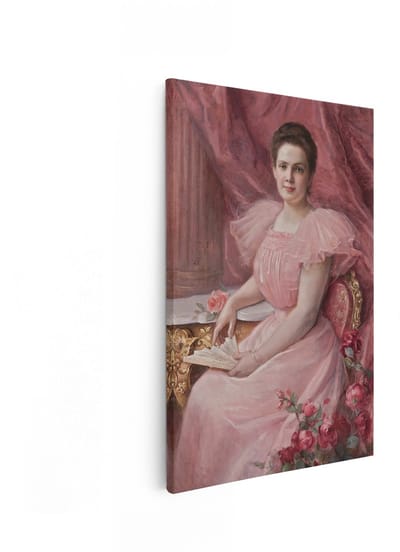 Artaza Canvas Schilderij Vrouw - 80x120 cm - Wanddecoratie Roze Jurk - Muurdecoratie Romantisch - Decoratie Rozen Waaier - Klassiek