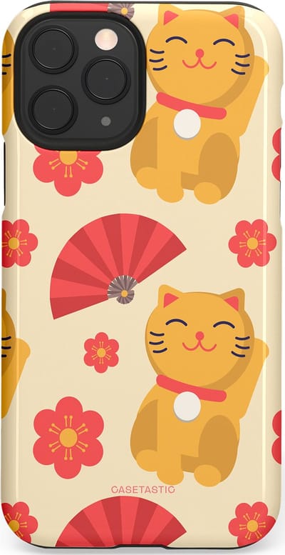 Casetastic hoesje geschikt voor Apple iPhone 11 Pro - Dubbellaagse bescherming - Japanse Poezenvreugde - Lucky Cats - Fashion Case - Crème Koraal Goud