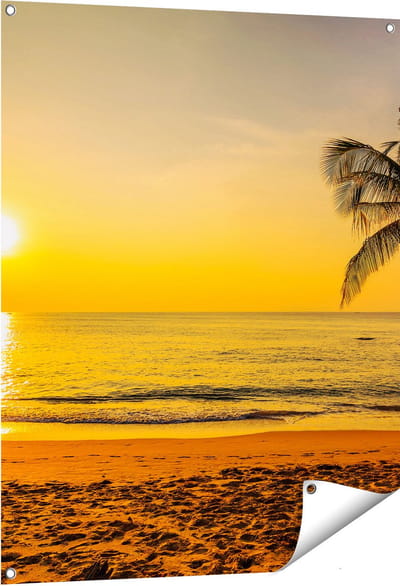 Gards Tuinposter Tropisch Strand tijdens Zonsondergang - 80x100 cm - Tuindoek - Tuindecoratie - Wanddecoratie buiten - Tuinschilderij