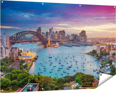 Gards Tuinposter Sydney Harbour Bridge in de Avond - 150x100 cm - Tuindoek - Tuindecoratie - Wanddecoratie buiten - Tuinschilderij