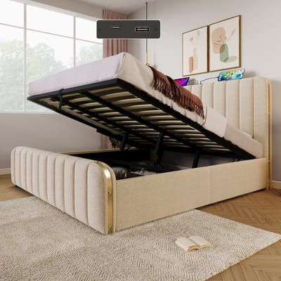 SINGULARITY-Gestoffeerd tweepersoonsbed- hoofdbord met gouden sierstrepen en USB Type-C 140 x 200 cm- hydraulisch opbergbed- met matras