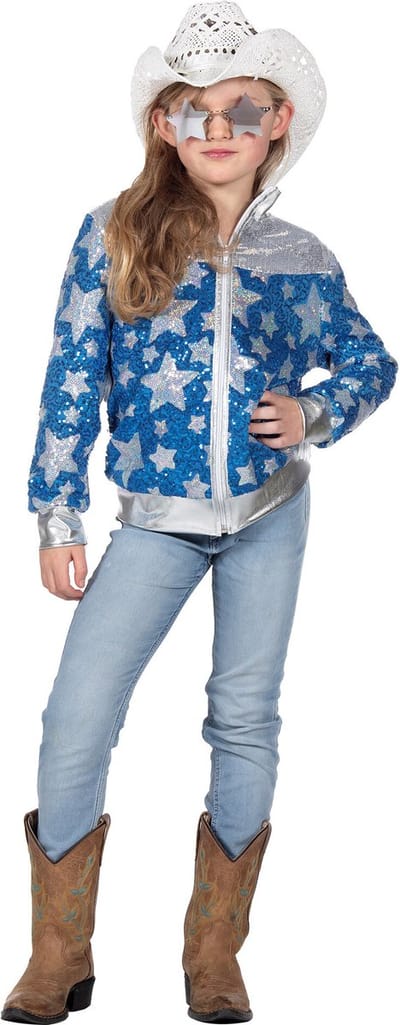 Glamorous Cowgirl Pailletten Jasje Sterren Meisje Blauw - Maat 128