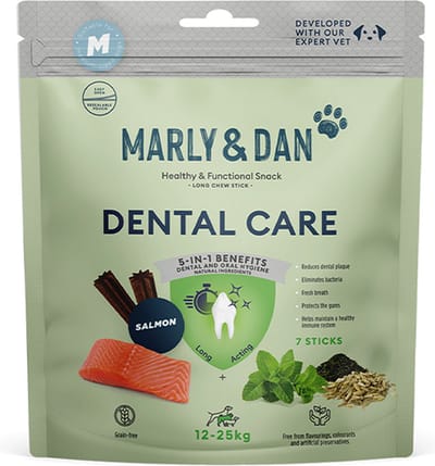 MARLY & DAN hondensnacks DENTAL CARE - 7 st- 140 gr - + 12 kg - met zalm - redu tandplaque - elim bacterien - frisse adem - beschermt de slijmvliezen - bevordert de immuniteit. natuurlijke ingredienten geen suiker toegevoegd - granenvrij