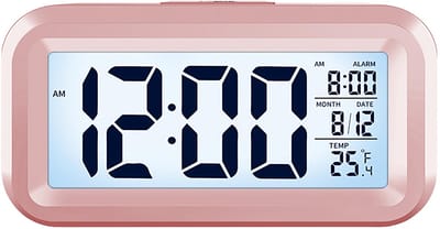 longziming -Digitale Wekker met Groot LCD Display – Kalender, Temperatuur, 12/24-uurs Weergave, Nachtlicht & Sluimerfunctie – Compact, Geluidsloos en Draagbaar – Batterijgevoed – Roze