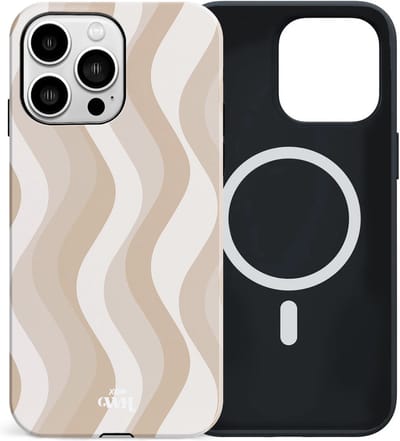 xoxo Wildhearts siliconen hoesje geschikt voor iPhone 15 Pro MagSafe hoesje - Minimal Nude - Double Layer - Magnetisch telefoonhoesje - Magneet case - Backcover met dubbele beschermlaag - Golvenprint - Golvend patroon - Beige / Creme / Wit