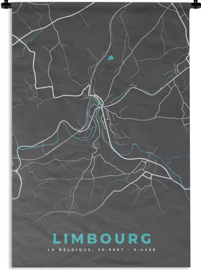 Wandkleed - Wanddoek - Plattegrond – Limbourg – Blauw – Stadskaart - Kaart - België - 120x180 cm - Wandtapijt