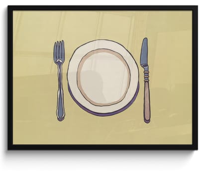 Poster in lijst - Fotolijst 70x50 cm - Posters - Illustratie - Bord - Bestek - Beige - Posterlijst zwart - Decoratie - Wanddecoratie woonkamer - Muurdecoratie slaapkamer
