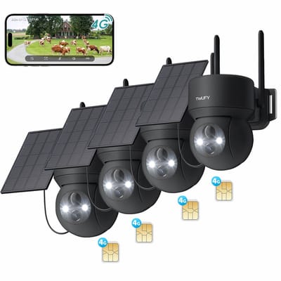 4G LTE Bewakingscamera Buiten 2K met SIM-kaart - Solar Beveiligingscamera met Accu, Zonder WiFi, 336°/90° Draaibaar 4pcs