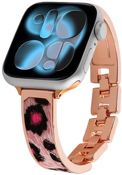 RVS bandje met luipaard patroon - geschikt voor Apple Watch 1/2/3/4/5/6/7/8/9/10/11/ SE (1,2,3) met maat 38 mm / 40 mm / 41 mm en 42 mm (Watch 10/11) - luxe schakelbandje - rosegoud
