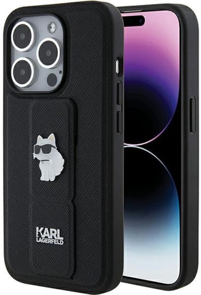 Karl Lagerfeld Gripstand Saffiano Serie - Roestvrijstalen Choupette Etui - iPhone 15 Pro - Zwart - Gripstand