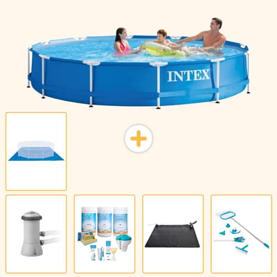 Intex Rond Frame Zwembad - 366 x 76 cm - Blauw - Inclusief Pomp - Onderhoudspakket - Solar Mat - Schoonmaakset - Grondzeil - 6-delig