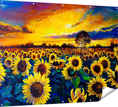 Gards Tuinposter Getekende Zonnebloemen Veld met Olieverf - 160x120 cm - Tuindoek - Tuindecoratie - Wanddecoratie buiten - Tuinschilderij