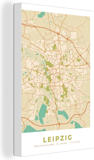 Canvas Schilderij Plattegrond - Leipzig - Vintage - Kaart - Stadskaart - 20x30 cm - Wanddecoratie