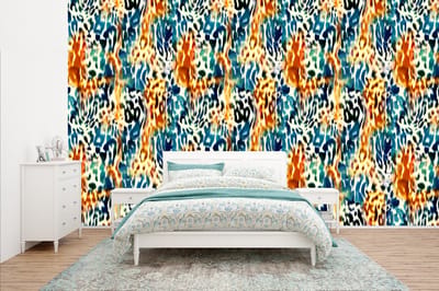Behang - Fotobehang Oranje - Blauw - Dierenprint - Patronen - Breedte 400 cm x hoogte 240 cm