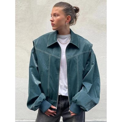 Vintage Jassen met Revers en Lange Mouwen met Contraststiksels Dames Losse Effen Jas met Rits Pu Leer Vrouwelijk Herfst High Streetwear L groen