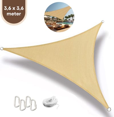 FOXLY® Schaduwdoek Driehoek 3,6 x 3,6 x 3,6 Meter Crème - HDPE Materiaal - Incl. Touw en Karabijnhaken - Schaduwdoeken - Schaduwnet - Zonwering