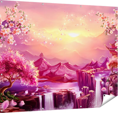 Gards Tuinposter Illustratie van Watervallen met Bloesems - 150x120 cm - Tuindoek - Tuindecoratie - Wanddecoratie buiten - Tuinschilderij