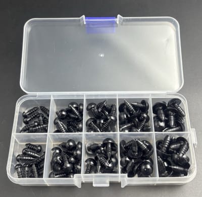 100 stuks Zwarte Plastic Knuffelogen - DIY KnuffelAccessoires – 6mm, 8mm, 9mm, 10mm, 12mm – Volzwart – Doosverpakkung