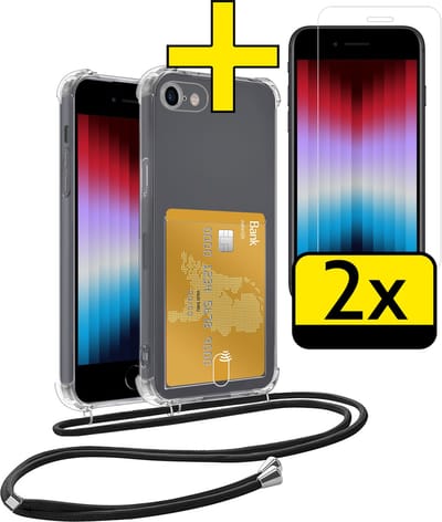 Hoesje Geschikt voor iPhone 7 Telefoonhoesje Met Koord Case Pashouder Met 2x Screenprotector Siliconen - Hoes Geschikt voor iPhone 7 Hoesje Met Kaarthouder - Transparant