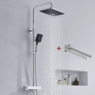 Auralum Max Thermostaatkraan Regendouche - RVS - Doucheset - Ø 30 Douchekop - 3 functies Handdouche - Inclusief 2-armig Handdoekrek - Regendoucheset - Waterbesparend - Chroom