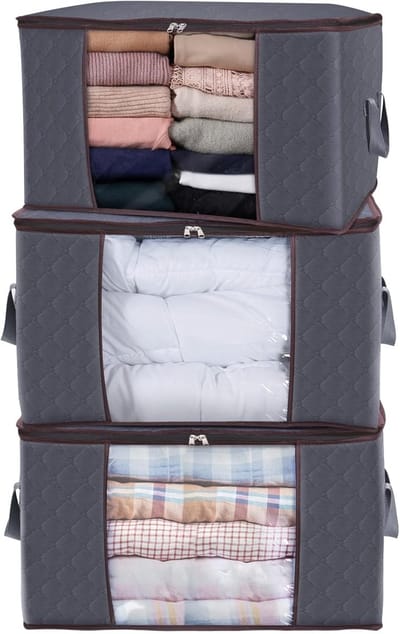 Famanu - Set van 3 kledingopbergtassen van 90L, met transparant venster, dikke stof en ritssluiting, grijs