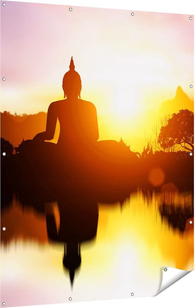 Gards Tuinposter Silhouet van Boeddha Beeld met Zonsondergang - 120x160 cm - Tuindoek - Tuindecoratie - Wanddecoratie buiten - Tuinschilderij