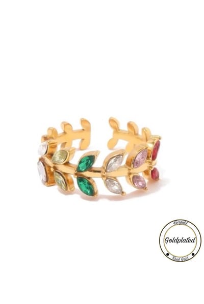 Soraro Rainbow Zirkonia Ring | Goldplated | Goudkleurig | Kleurrijk | Elegante Ring | Dames Ring | Klemring | Vrouwen Cadeau