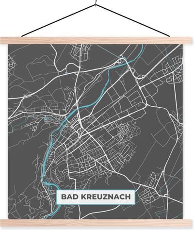 Posterhanger incl. Poster 40x40 cm - Schoolplaat - Bad Kreuznach – Stadskaart – Blauw – Plattegrond – Stadskaart – Kaart - Duitsland - Textielposter - Blanke latten - Stadskaart
