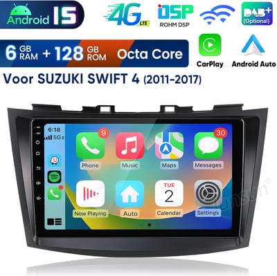 Junsun Android 15 Autoradio Geschikt voor Suzuki Swift IV FZ (2010-2017) Accessoires, 6GB+128GB, Draadloze CarPlay & Andriod Auto, DAB+, GPS-navigatie, Bluetooth, Stuurwielbediening, WiFi, 9-inch Touchscreen, DSP, Octa-core processor
