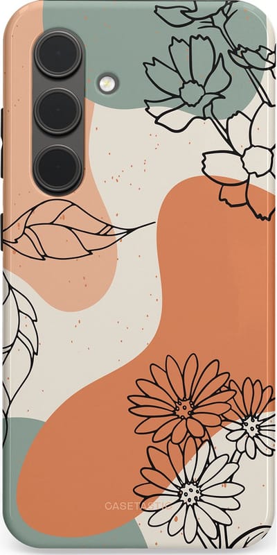 Casetastic hoesje geschikt voor Samsung Galaxy S24 - Dubbellaagse bescherming - Lijnenspel Botanisch - Fashion Case - Crème Saliegroen Perzik