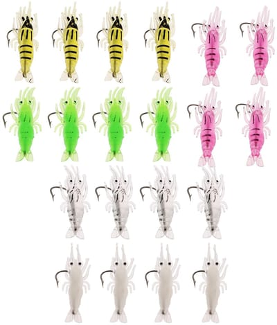 Dailygoods- Garnalen Kunstaas 20 Stuks - Zacht Vis Aas - 3,5 cm - Vijf Kleuren - Effectief voor Zeebaars/Zoutwatervissen - Realistische Details - Visaas