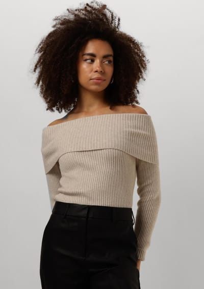 Minus Fame Off Shoulder Knit Pullover Truien & vesten Dames - Sweater - Hoodie - Vest- Zand - Maat XL