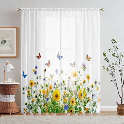 Lot de 2 cantonnières de fenêtre imprimées numériquement HD à motif de fleurs et de papillons, décoration d'intérieur, style salon, chambre à coucher, rideau à tringle W52H63inchW132H160cm white