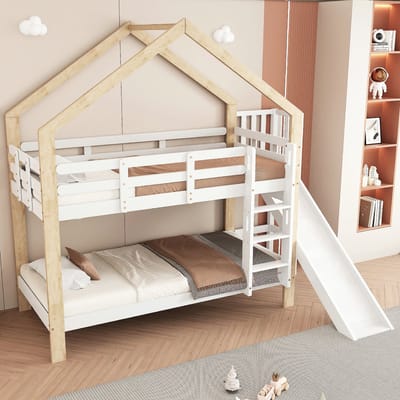 VVBV Stapelbed - 90x200cm - Met glijbaan - Valbeveiliging - Huisontwerp - Wit + Naturel