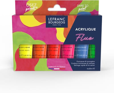 Lefranc Bourgeois 302129 Fine Acrylic Set Fluo – 6 x 20 ml – Acrylverf fluorescerend – Neon kleuren set ( Fluogeel, Fluooranje, Fluorood, Fluoroze, Fluo blauw, Fluogroen )