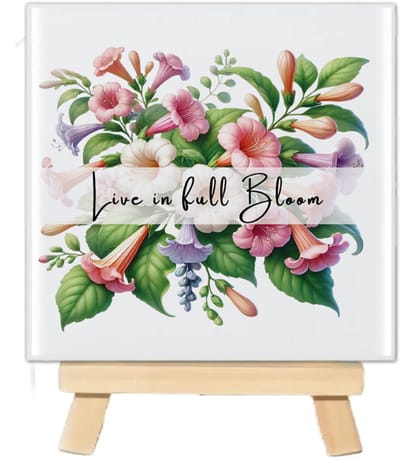 Tegeltje met tekst en bloemen - Live in Full Blum - 10x10cm - inclusief houten standaard