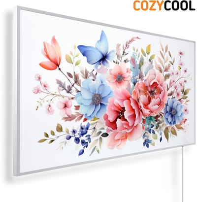 Infraroodpaneel met afbeelding | Aquarel bloemenboeket | 1200 Watt | Witte lijst | Infrarood verwarmingspaneel | Infrarood paneel | Infrarood verwarming
