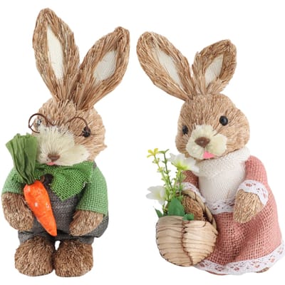 2 stuks Mini Stro Konijn 25cm Schattige Paashaas Koppelfiguren voor Huis Tafel Lente Decoratie D bruin