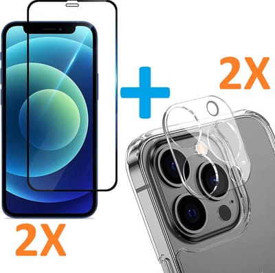2X Volledige Dekking Scherm Tempered Glass Screen Protector + 2X Camera lens Beschermer Transparant Geschikt voor: Apple iPhone 12
