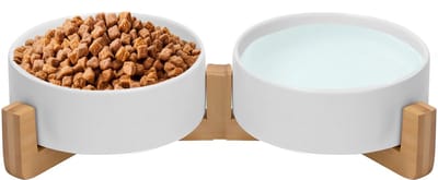 Jake and Jacky Voerbak Kat en Hond Keramiek - Kattenvoerbakjes - Hondenvoerbak - Etensbakjes voor kat - Voerbakken Dubbel met Standaard - Drinkbak en Eetbak - 2x 400 mL - Wit