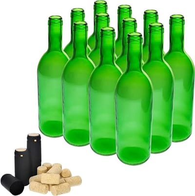Set van 12 Groene Glazen Wijnflessen 750 ml met Kurk en Krimpdoppen - Perfect voor Zelfgemaakte Wijn