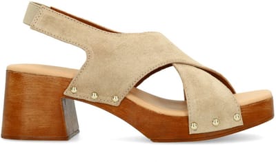 Sacha - Dames - Beige suède sandalen met houten hak - Maat 36