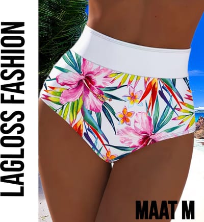LaGloss® High Waist Dames Bikini Broekje met All-over Bloemenprint Wit - Hoog Elastisch – Zomermode – Beach fashion – Maat M