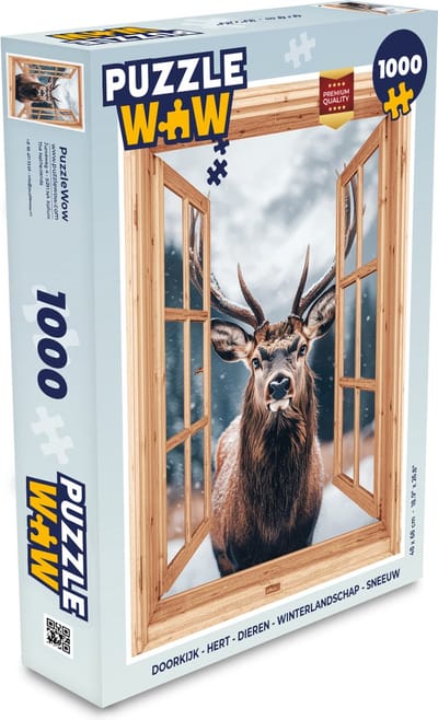 Puzzel Doorkijk - Hert - Dieren - Winterlandschap - Sneeuw - Legpuzzel - Puzzel 1000 stukjes volwassenen