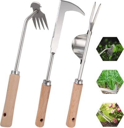3-Pack Handonkruidgereedschap met Ergonomisch Houten Handvat - Draagbare Onkruidverwijderaar van Roestvrij Staal voor Tuin en Terras