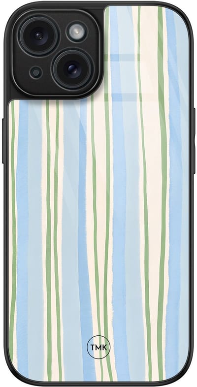 Hoesje geschikt voor Apple iPhone 15 - Pastelblauwe strepen - Blauw - TPU luxe case (glossy toplaag) - Gestreept - Hardcase backcover zwart
