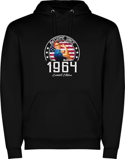 Zwarte unisex hoodie met “ Kleurrijke Awesome Since 1964 Limited Edition – Leeftijd – Verjaardag “ Print Full Color Color merk Roly maat S