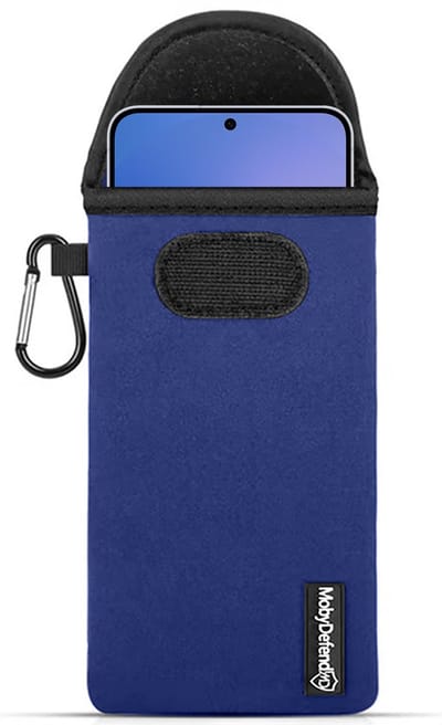 MobyDefend Hoesje - Geschikt voor Samsung Galaxy S25 FE - Neopreen Pouch Met Karabijnhaak - Insteek - Riemlus - Blauw