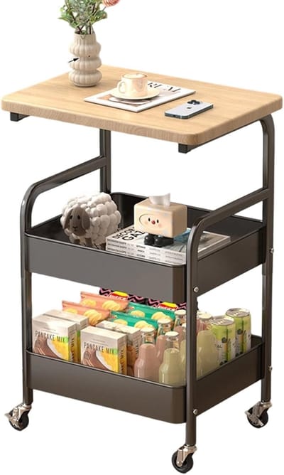 Roltafel met 3 Etages & Houten Bovenblad - Verrijdbare Keukentrolley - Opbergwagen voor Badkamer, Kantoor en Hobby - Zwart Metaal - Industriële Serveerwagen - 43 x 31 x 76 cm